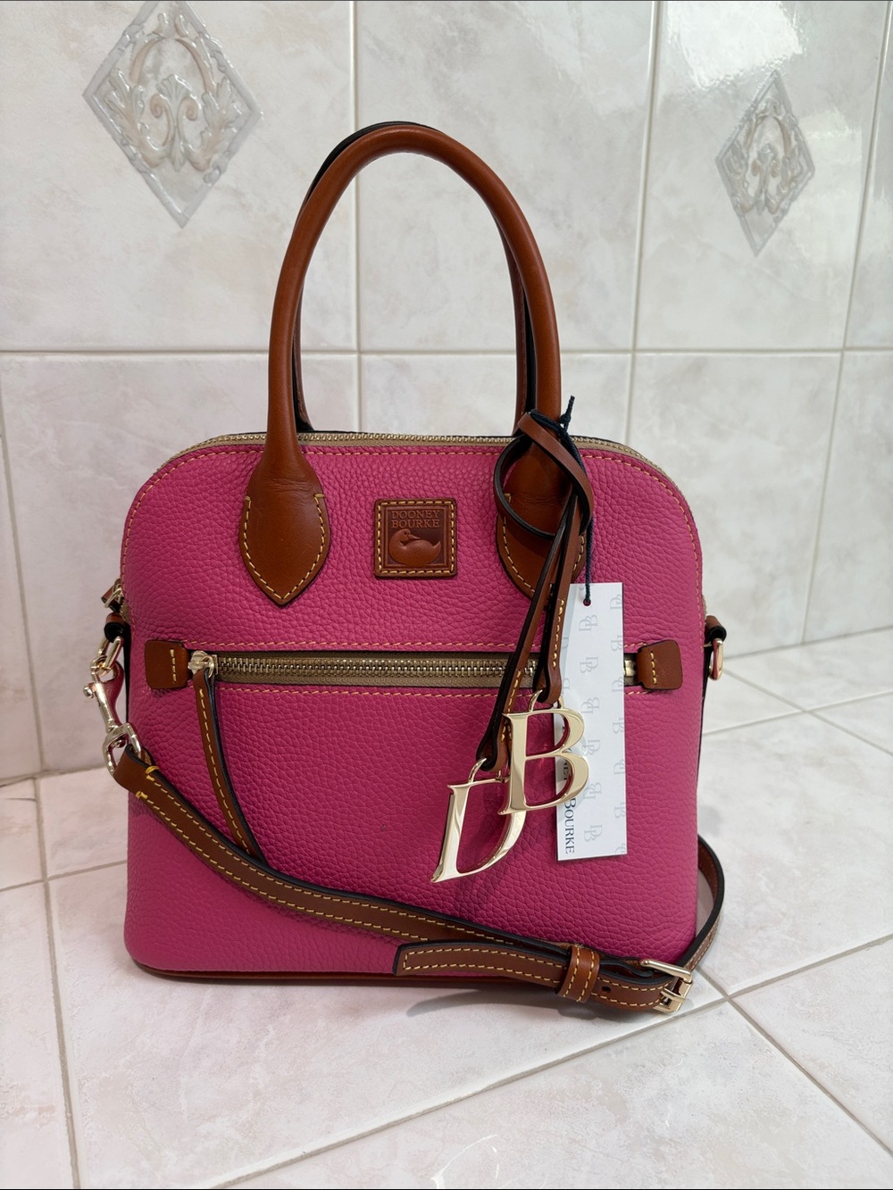 Dooney & Bourke Hot Pink Pebbled Grain Leather Domed Satchel with Brown Trimk